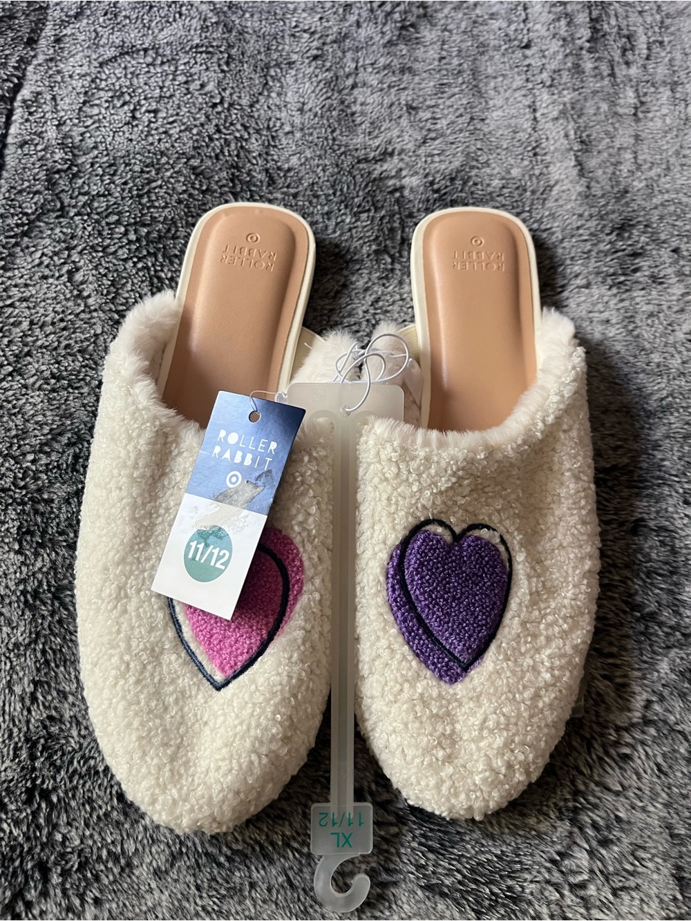 Roller Rabbit Cream Sherpa Slip-Ons with Pink & Purple Heart Patches